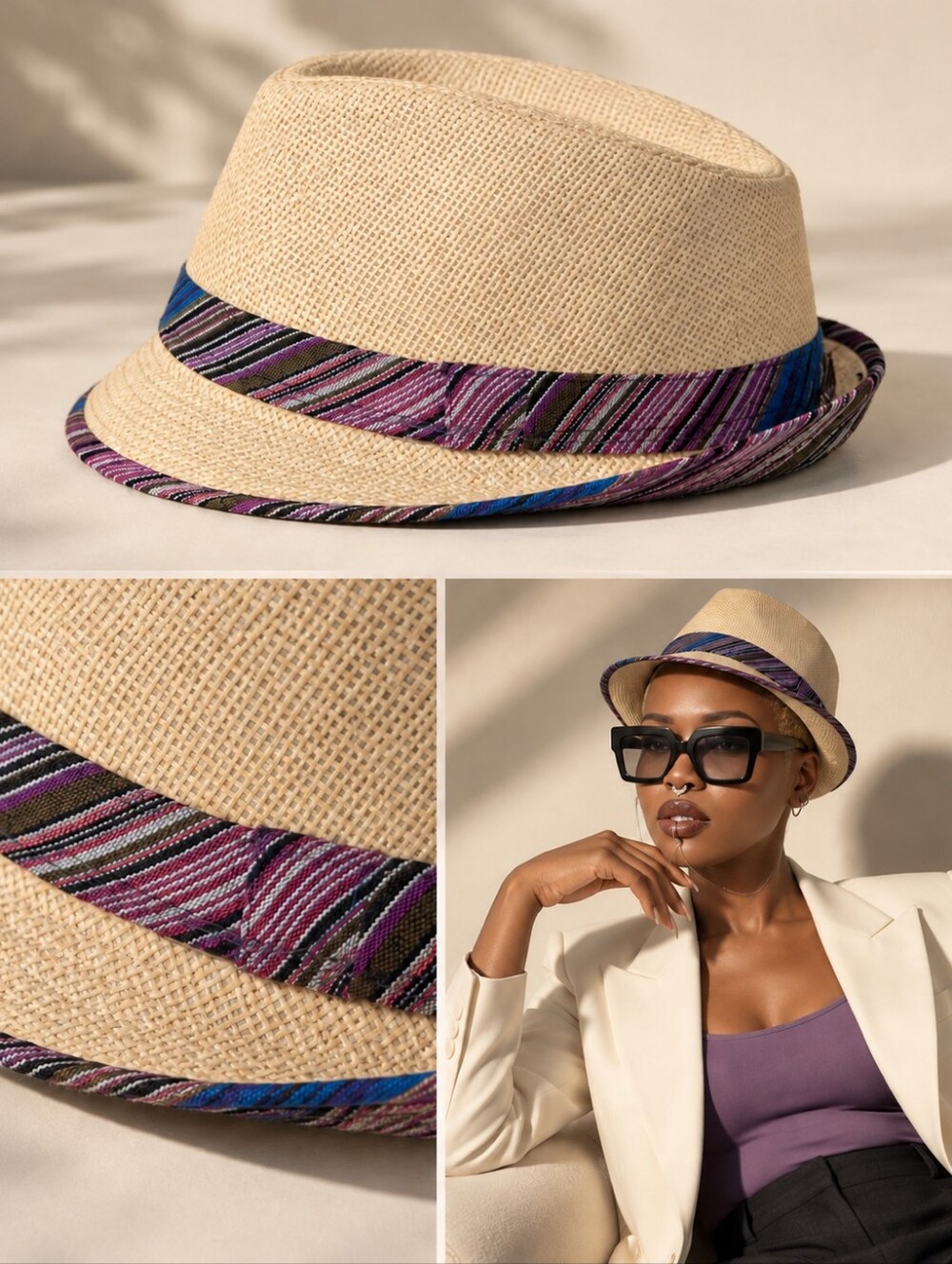 Straw Fedora Hat with Purple & Blue Stripe Trim